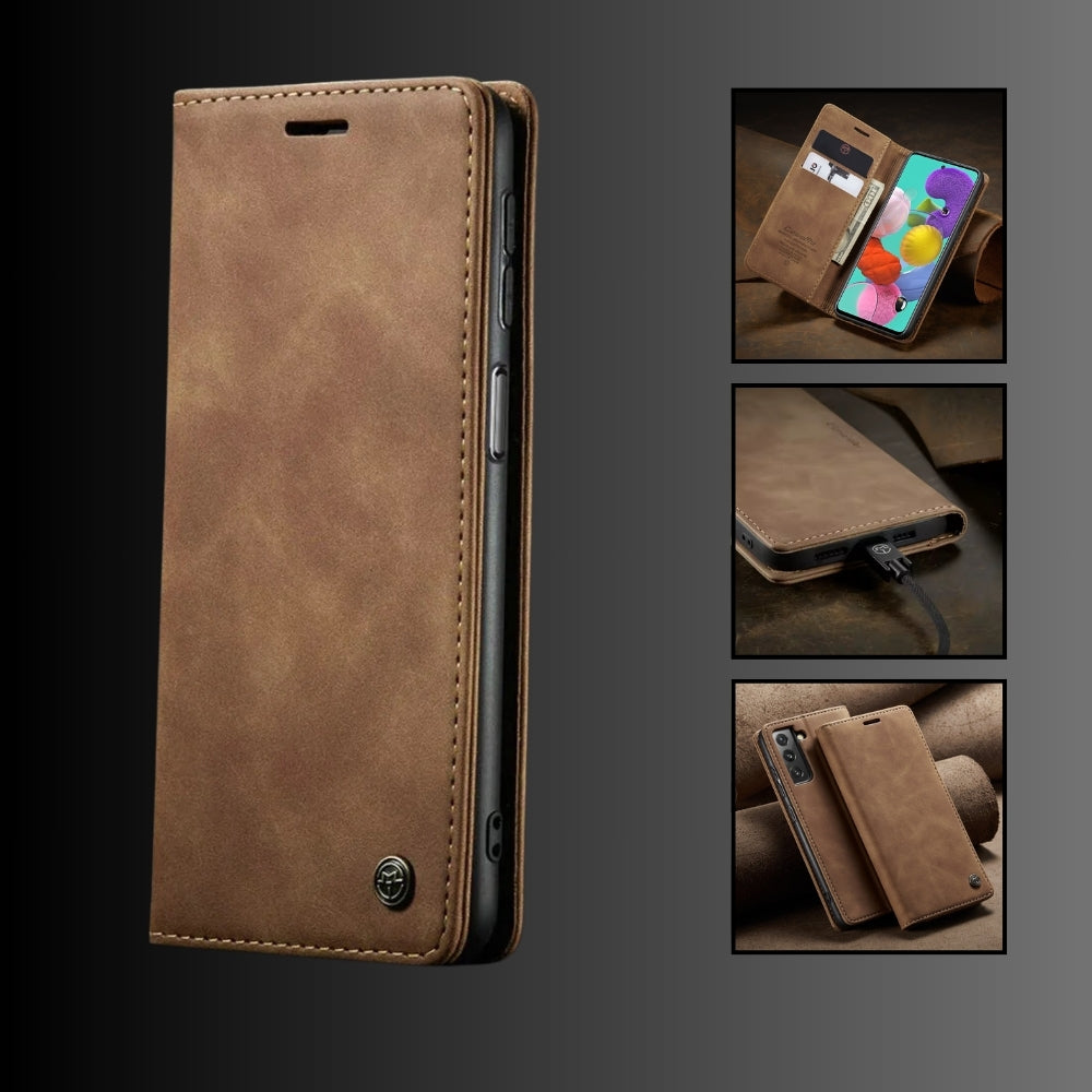 [FREE SHIPPING] CaseMe Retro Leather Case For Samsung S22 Plus Book Style Flip Wallet Magnetic Cover Card Slots Case For Samsung S22 Plus - Brown