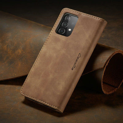 [FREE SHIPPING] CaseMe Retro Leather Case for Samsung A72 Book Style Flip Wallet Magnetic Cover Card Slots Case for Samsung A72 - Brown