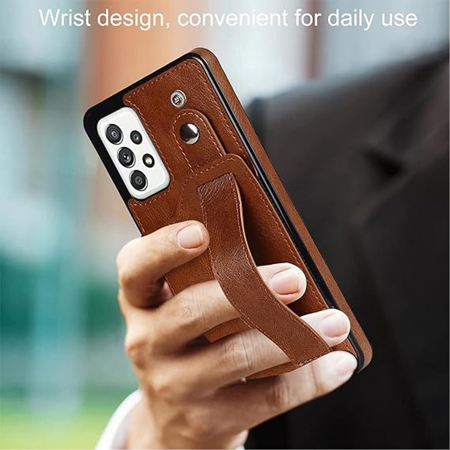 [FREE SHIPPING] BUSINESS CARD SLOT ADJUSTABLE WRIST STRAP CREDIT CARD SLOT SLIM SHOCKPROOF LEATHER CASE FOR SAMSUNG A73