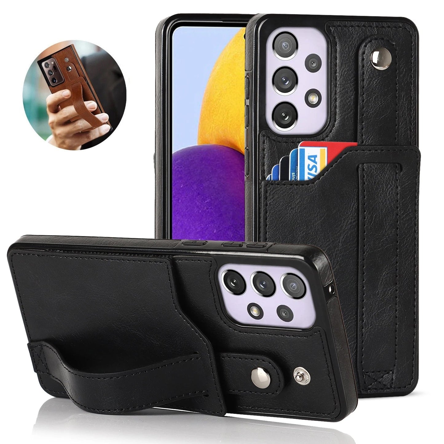 [FREE SHIPPING] BUSINESS CARD SLOT ADJUSTABLE WRIST STRAP CREDIT CARD SLOT SLIM SHOCKPROOF LEATHER CASE FOR SAMSUNG A73