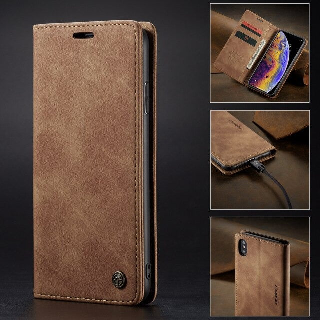 [ FREE SHIPPING] CaseMe Retro Leather Case For Iphone Xs Max Book Style Flip Wallet Magnetic Cover Card Slots Case For Iphone Xs Max
