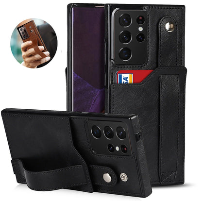 [FREE SHIPPING] BUSINESS CARD SLOT ADJUSTABLE WRIST STRAP CREDIT CARD SLOT SLIM SHOCKPROOF LEATHER CASE FOR SAMSUNG S21 ULTRA