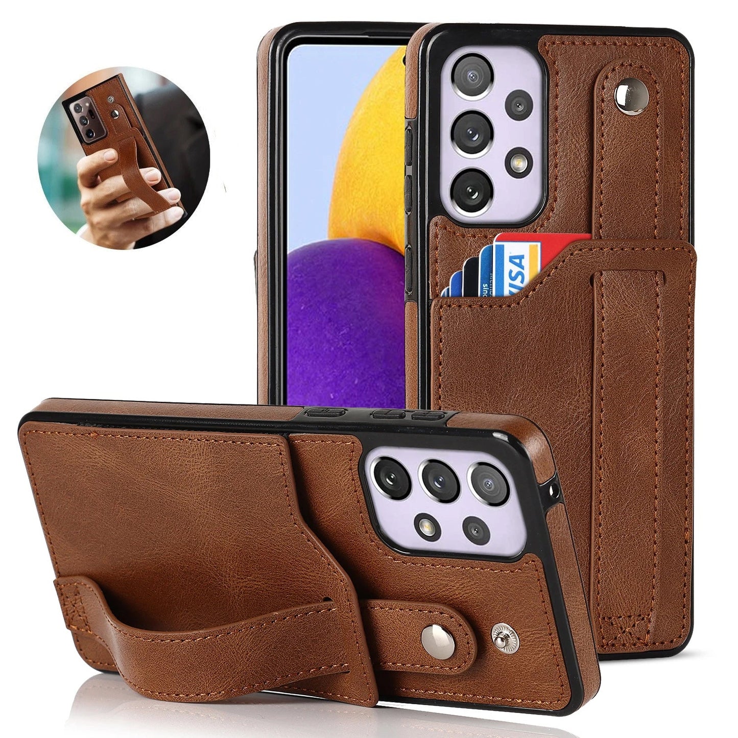 [FREE SHIPPING] BUSINESS CARD SLOT ADJUSTABLE WRIST STRAP CREDIT CARD SLOT SLIM SHOCKPROOF LEATHER CASE FOR SAMSUNG A53