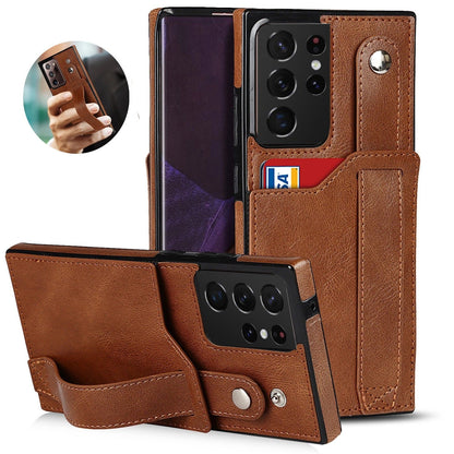 [FREE SHIPPING] BUSINESS CARD SLOT ADJUSTABLE WRIST STRAP CREDIT CARD SLOT SLIM SHOCKPROOF LEATHER CASE FOR SAMSUNG S21 ULTRA