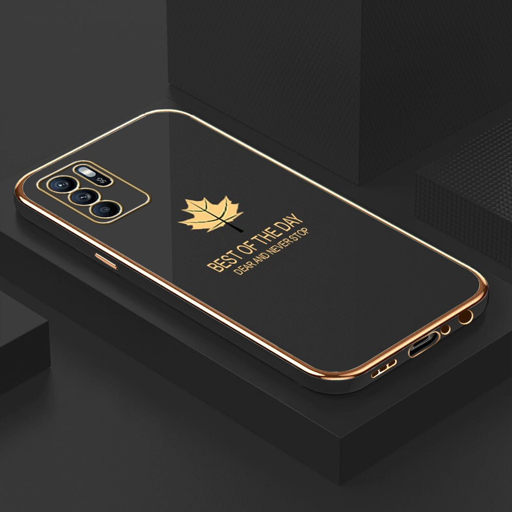 [ FREE SHIPPING] Luxury 6D Plating Case For Oppo Reno 6 Maple Leaf Side Pattern Back Cover Soft Silicone Square Phone Cases - Black