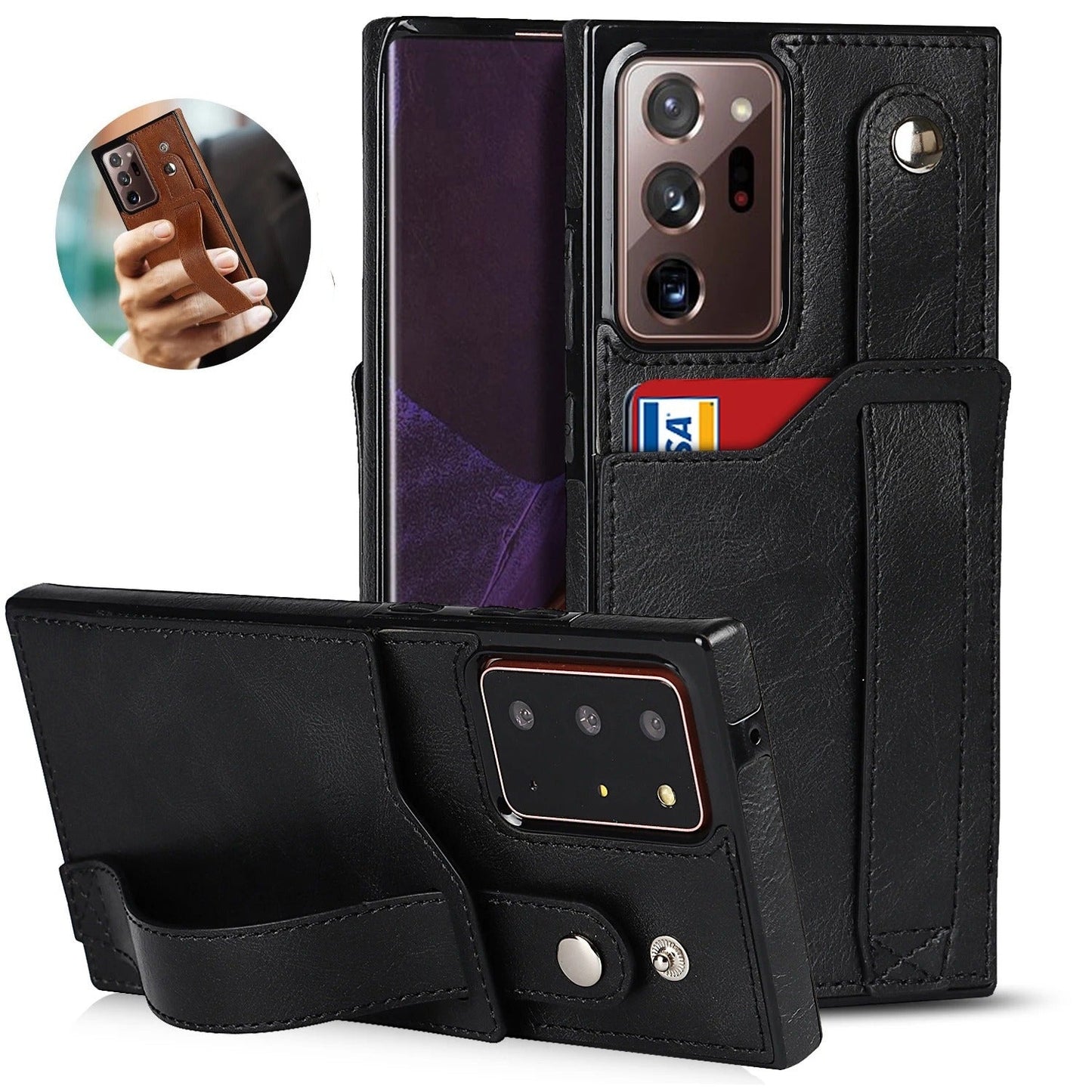 [FREE SHIPPING] BUSINESS CARD SLOT ADJUSTABLE WRIST STRAP CREDIT CARD SLOT SLIM SHOCKPROOF LEATHER CASE FOR SAMSUNG NOTE 20 ULTRA