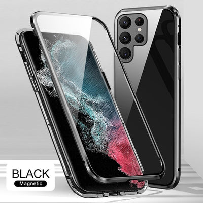 [ FREE SHIPPING] Double Magnetic Samsung Galaxy S22 Ultra Front & Back Tempered Glass Magnetic Case Metal Phone Cover - Black