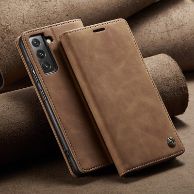 [FREE SHIPPING] CaseMe Retro Leather Case For Samsung S22 Book Style Flip Wallet Magnetic Cover Card Slots Case For Samsung S22  - Brown