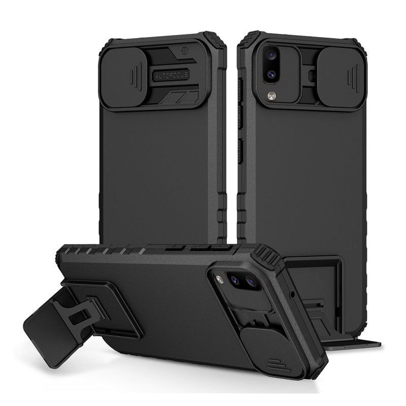 [ FREE SHIPPING] FOR SAMSUNG A20 PHONE CASE HARD SLIDING LENS PROTECT KICKSTAND BACK COVER - BLACK