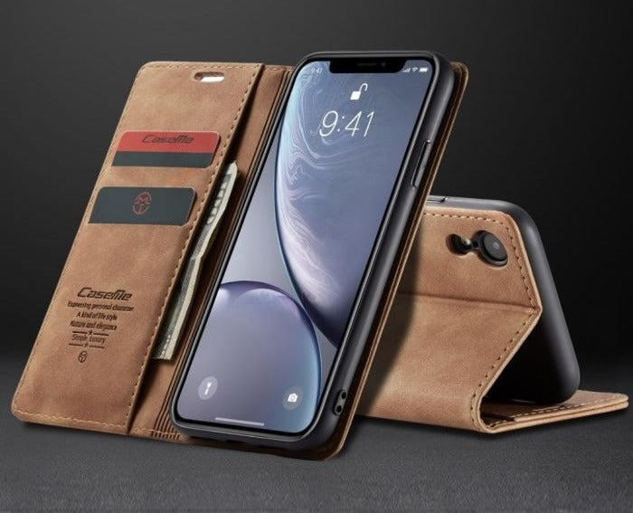 [ FREE SHIPPING] CaseMe Retro Leather Case For Iphone XR Book Style Flip Wallet Magnetic Cover Card Slots Case For Iphone XR - Brown