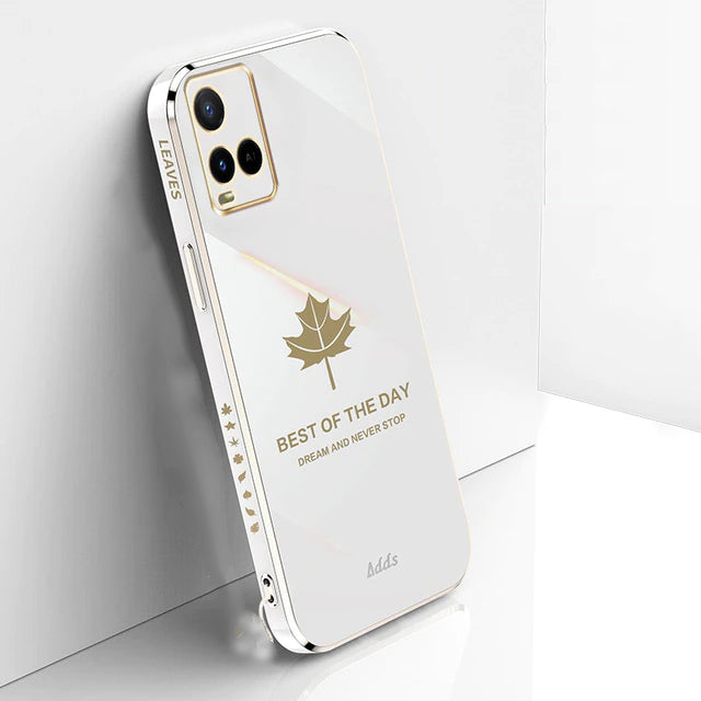 [ FREE SHIPPING] Luxury 6D Plating Case for Vivo Y33s Maple Leaf Side Pattern Back Cover Soft Silicone Square Phone Cases