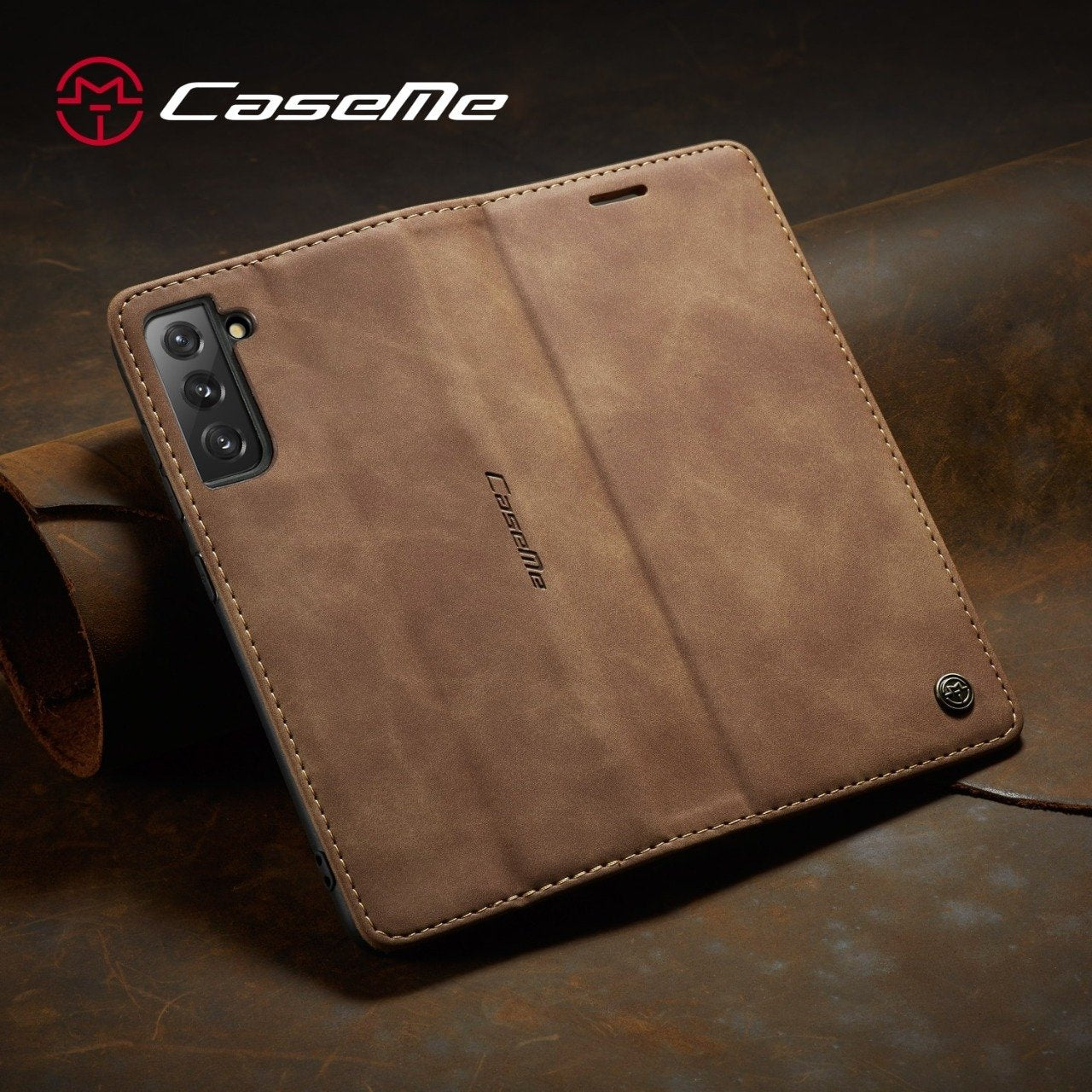 [FREE SHIPPING] CaseMe Retro Leather Case For Samsung S22 Book Style Flip Wallet Magnetic Cover Card Slots Case For Samsung S22  - Brown