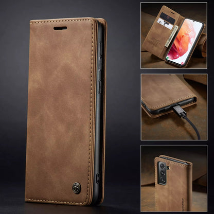 [FREE SHIPPING] CaseMe Retro Leather Case For Samsung S21 Plus Book Style Flip Wallet Magnetic Cover Card Slots Case For Samsung S21 Plus - Brown