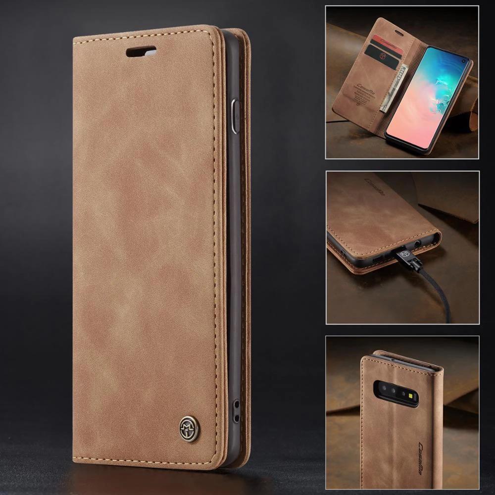 [FREE SHIPPING] CaseMe Retro Leather Case For Samsung S10 Plus  Book Style Flip Wallet Magnetic Cover Card Slots Case For Samsung S10 Plus - Brown