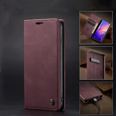 [FREE SHIPPING] CaseMe Retro Leather Case For Samsung S10 Plus  Book Style Flip Wallet Magnetic Cover Card Slots Case For Samsung S10 Plus - Brown