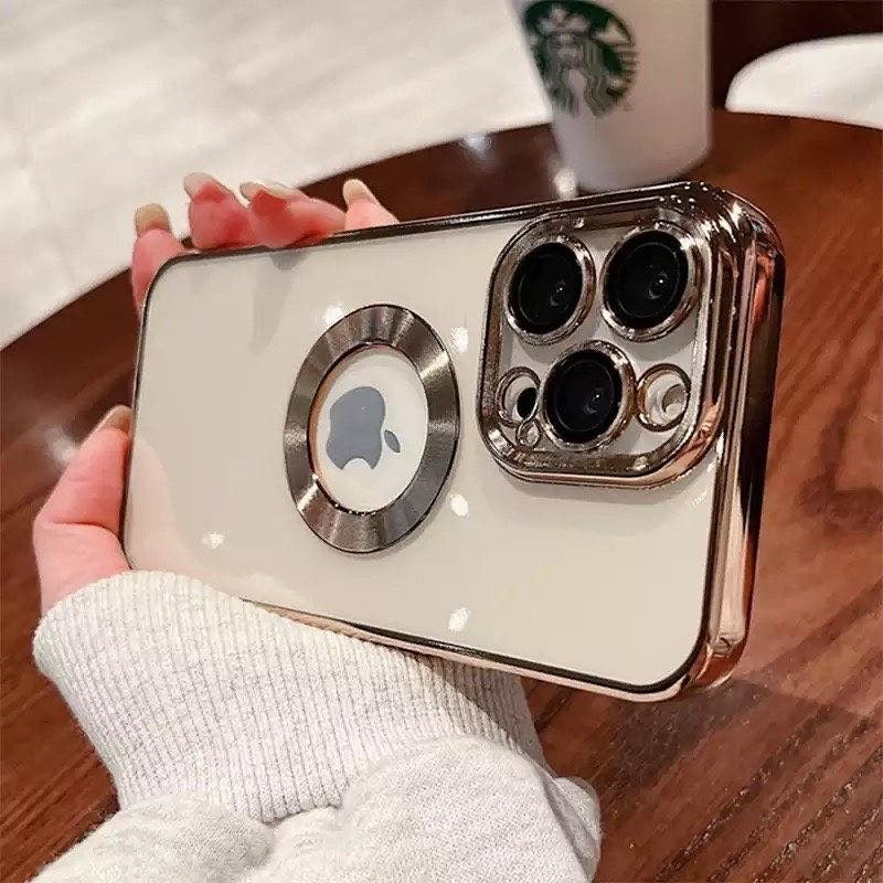 [ FREE SHIPPING] Luxury Logo Hole Soft Silicone Transparent Case Lens Protection Plating Cover For IPhone 14 Pro